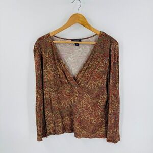Chaps Paisley V-Neck Long Sleeve Top Size PXL  Viscose Boho Artsy Vintage Fall